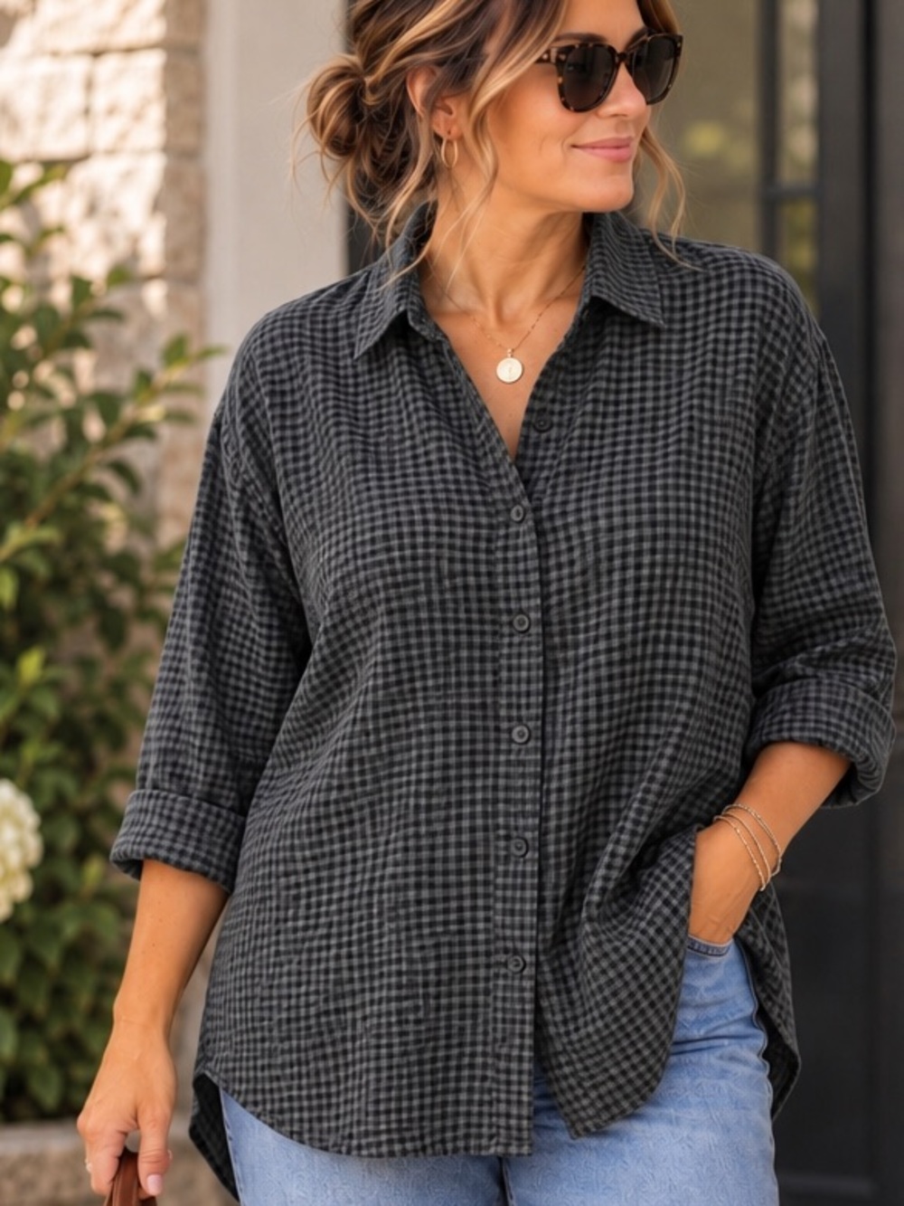 Eileen Fisher Puckered Organic Linen Classic Collar Shirt Black 3X